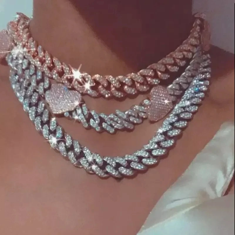 

Top Fashion Iced Out Bling 5A Cubic Zirconia Pink Heart Cuban Link Chain Choker Necklace For Lover Girlfriend Wedding Jewelry