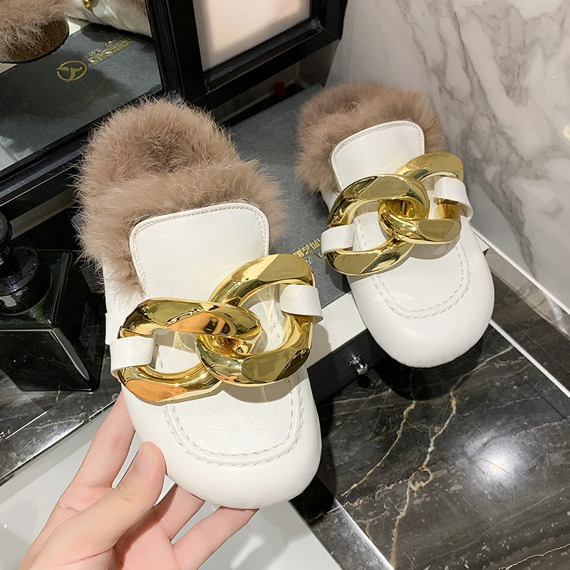 

Baotou Slippers Women 2021 New Metal Chain Leather Flat Mules Slippers Women Casual Shoes Half Slippers Plus Velvet Keep Warm