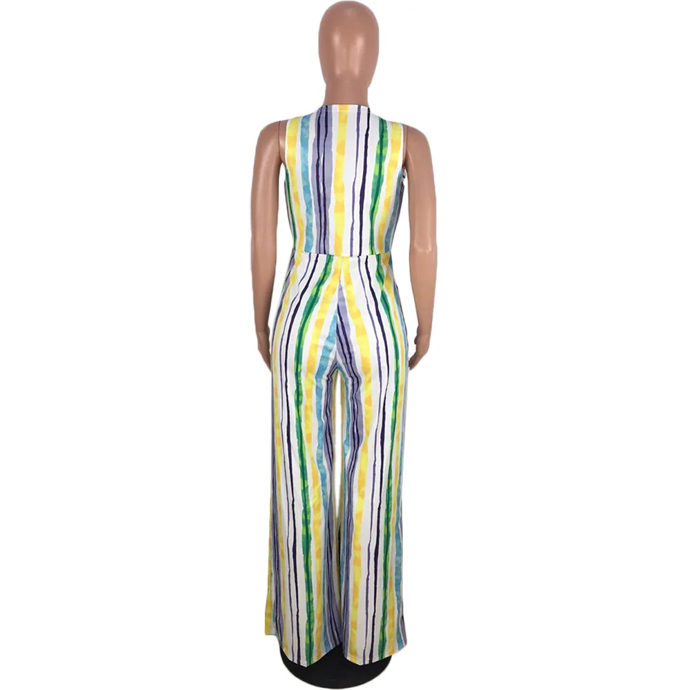 

Contrast Color Striped Patchwork High Waist Wide Leg Pants Trousers Women Boho Sexy Romper Jumpsuits Vintage Streetwear