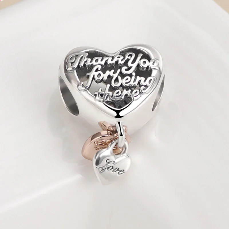 Оригинальный подвесной бусинный сердечный кулон "Спасибо, мама" с открытым рисунком розы, подходит для браслета-браслета из стерлингового серебра 925 пробы, европейского стиля, украшений Diy.