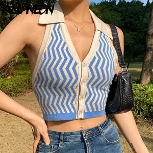ALLNeon 90-х винтажные полосатые трикотажные укороченные топы с лямкой на шее E-girl эстетичные однобортные жилеты без рукавов модные синие Топы