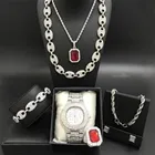 Роскошные мужские часы серебристого цвета, ожерелье, кольцо и сережки, комбинированный набор ледяных кубинских ювелирных украшений в кристальном галстуке для мужчин