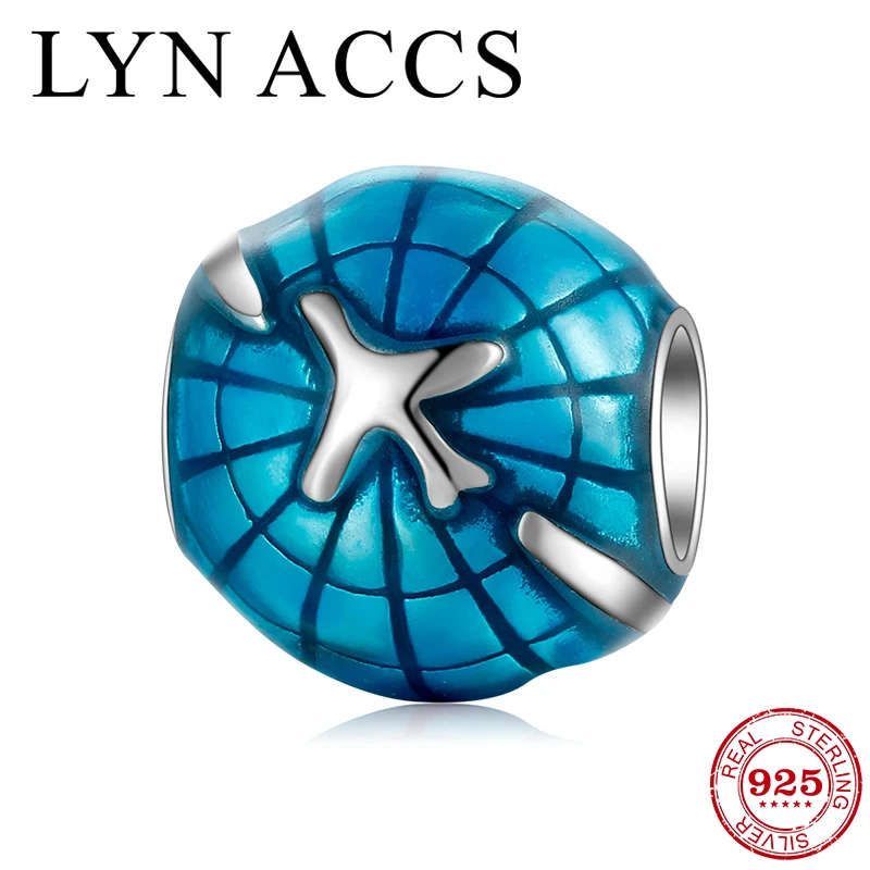 Бусины шармы с синей эмалью серебряные в виде земли и самолета|Ювелирные шармы| |