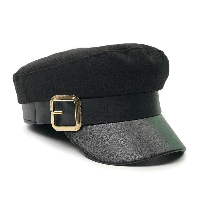 

Winter Military Hat Caps Beret Winter Hats For Women Men Pu Leather Brim Wool Knitted Cap Black Bone Female Vintage Gorra