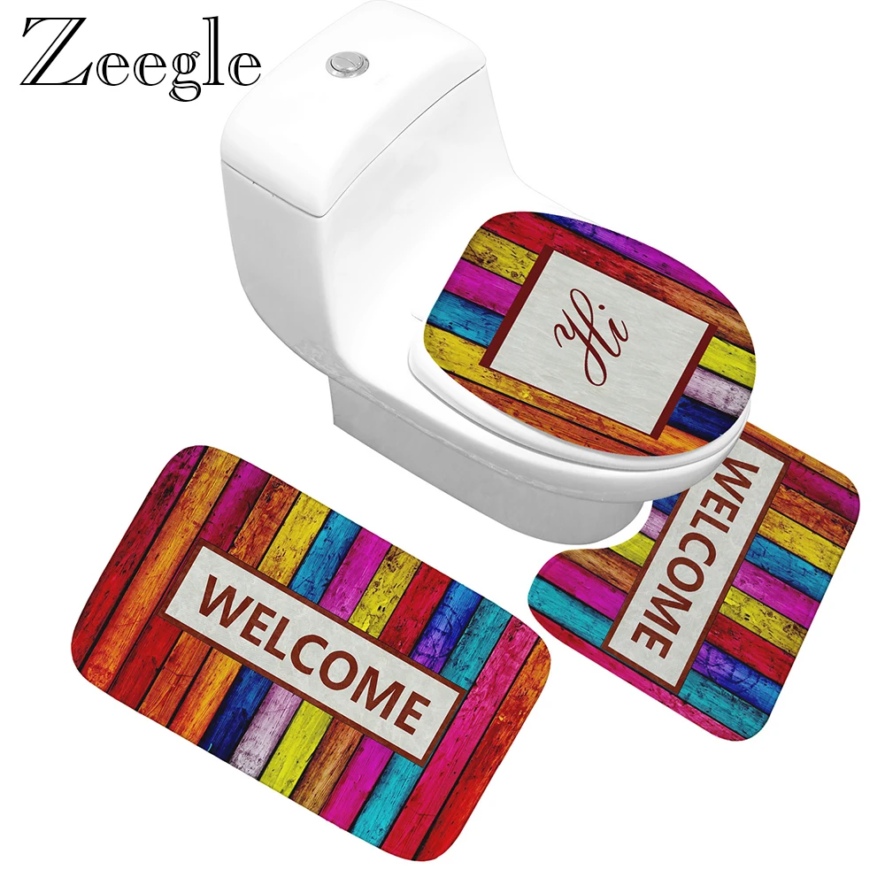 

Zeegle 3pcs/set Bathroom Carpet Set Toilet Mat Non-slip Shower Mat Foot Rug Absorbent Welcome Printed Bath Mat Set