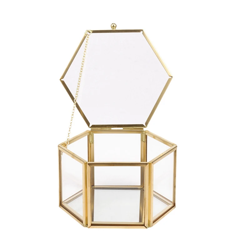 

2Pcs Geometrical Clear Glass Jewelry Box & 1x Brass Handle Storage Tray Glass Mirror Jewelry Display Tray
