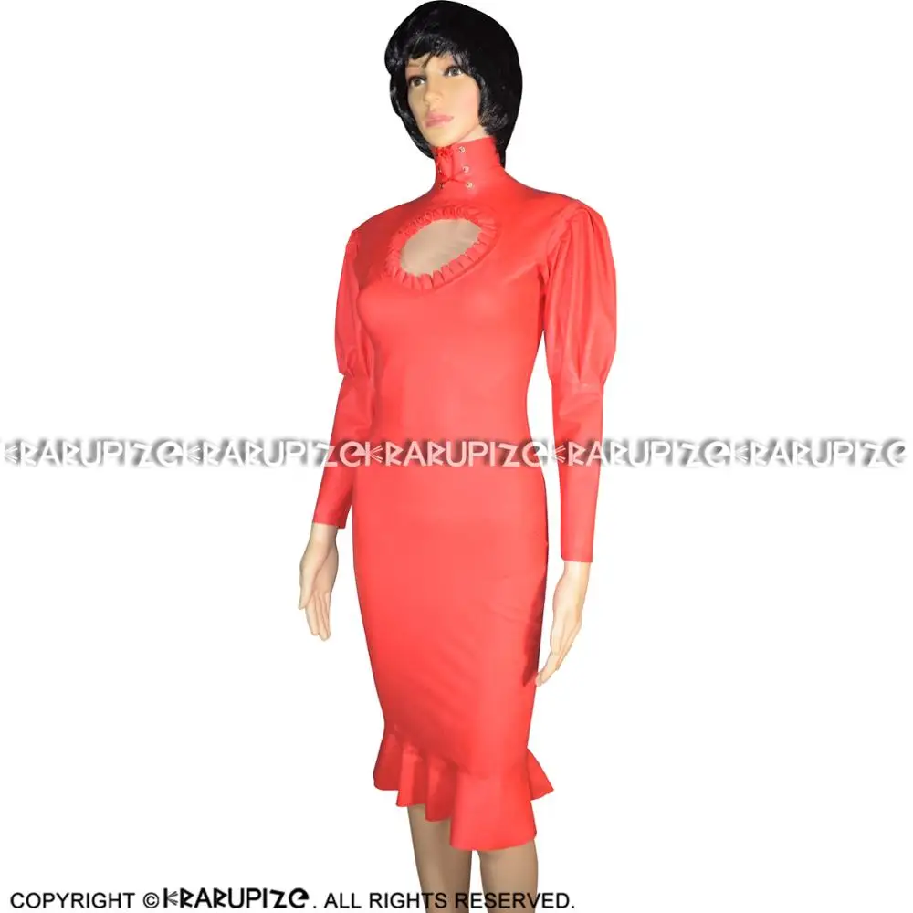 Красное сексуальное латексное платье с задней молнией рукавами фонариками и