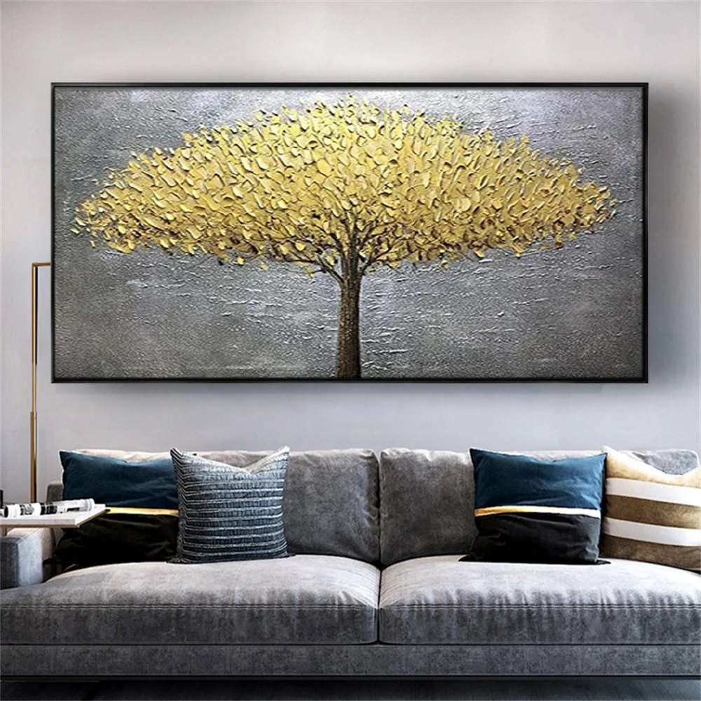 Nordic Fashion Home Decoration Painting Hand-painted Beautiful Oil Yellow 3D Textured Leaves A Big Tree Salon Mural art