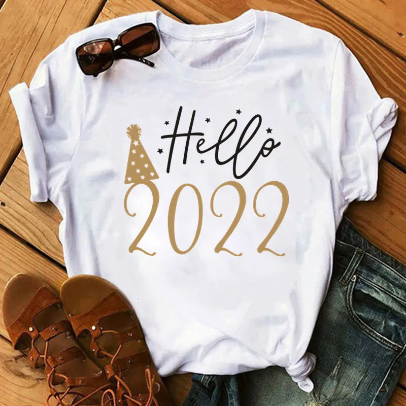 

Hello 2022 Women Casual Harajuku Fashion T-shirt Letter Print Loose O-neck Short Sleeve Summer Home New Year Tee Shirt