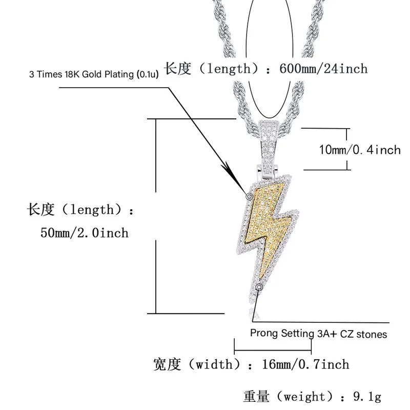 

Hip Hop Iced Out Bling Lightning Pendants With Rope Chain Copper Material AAA Cubic Zircon Fashion Jewelry Gift For Men