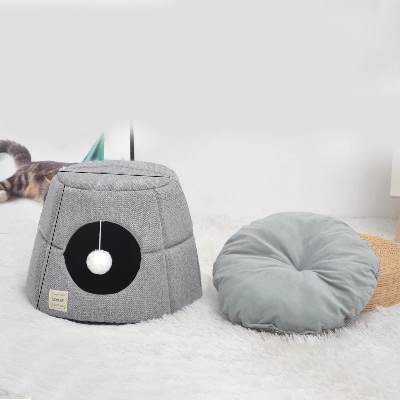 

Warm Winter Cat House Sleeping Bed Thick Cat Bed with Ball for Playing Hypnosis Ball Pet Mat Bed Supplies