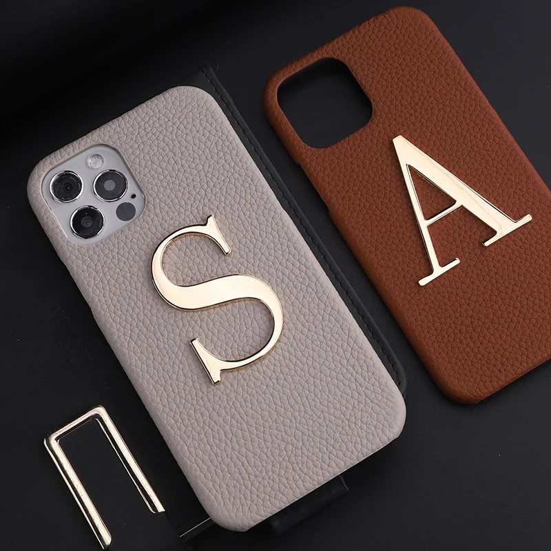 

Luxury Custom Initials Name A-Z Phone Case For iPhone 14 14ProMax 14Plus 13Promax Personalise Genuine Leather Metal Letter Funda