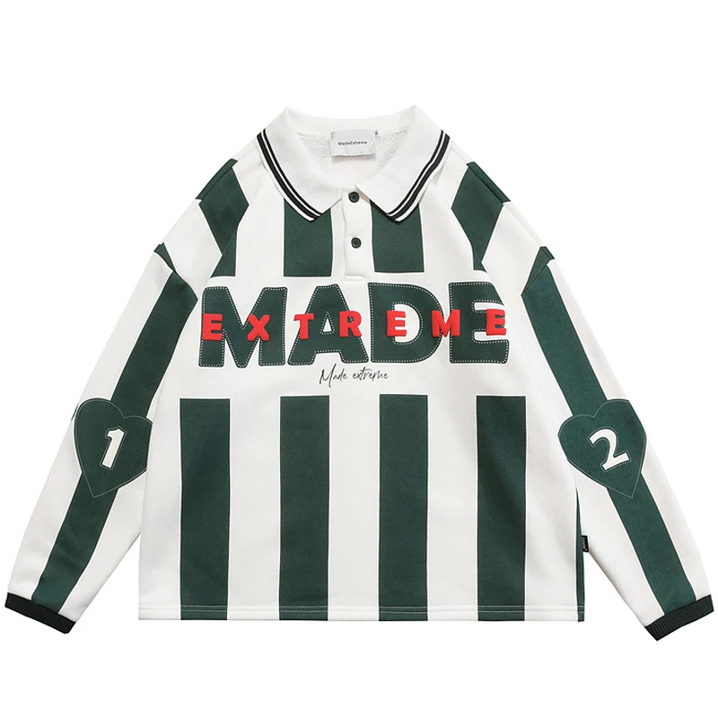 

2021 Winter Unisex Oversize Letter Printed POLO Collar Sweatshirts Mens Long Sleeve Thicken Fleece Striped Pullover Tops