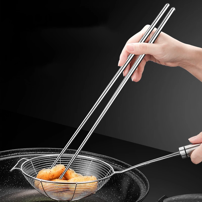 1 Pair Stainless Steel Chinese Long Chopsticks Kitchen Household Deep Fried Cooking Tools Sushi Food  Reusable Tableware
