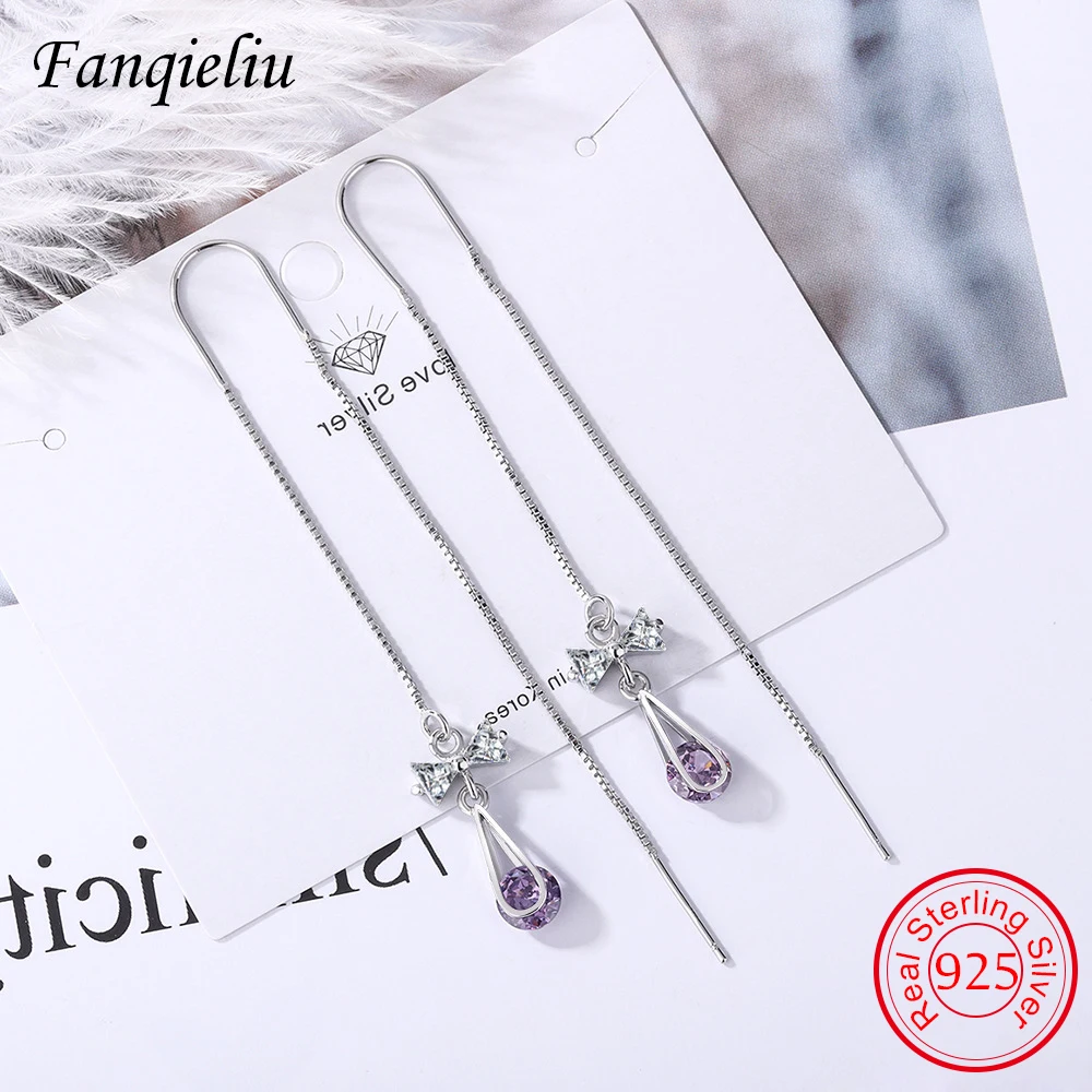 

Fanqieliu Long Bow Real 925 Sterling Silver Drop Earrings For Women Wedding Gift Girl Purple Crystal Jewelry Danger FQL21462