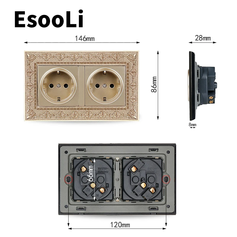 EsooLi серый 16A двойное гнездо питания стандарта ЕС 4D тиснение Ретро панели из