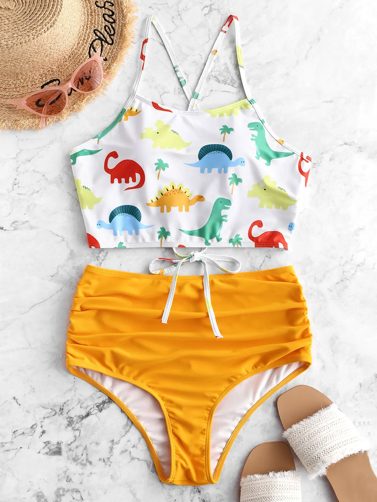 

ZAFUL Dinosaur Lace Up Tummy Control Tankini Swimsuit Animal Print Padded High Waisted Tankini Sets Mix And Match Ruched Summer