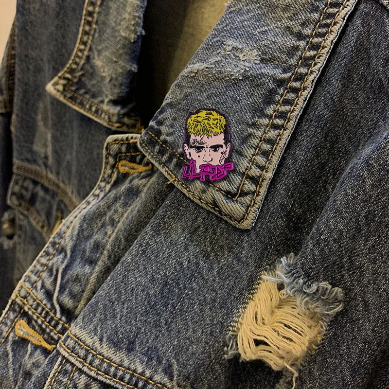 Брошь Lil Peep красивая голова рэпера с желтым знаком для волос эмалированная брошь