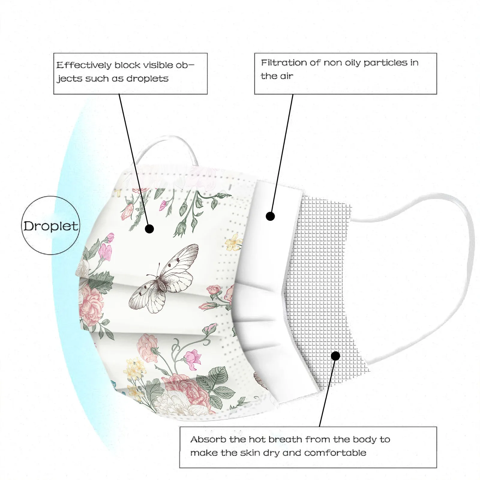 

10/50/100 Adult Butterfly Printing Disposable Protection Mask Non-Woven 3-Layer Breathable Butterfly Flowers Fashion Mondmaske