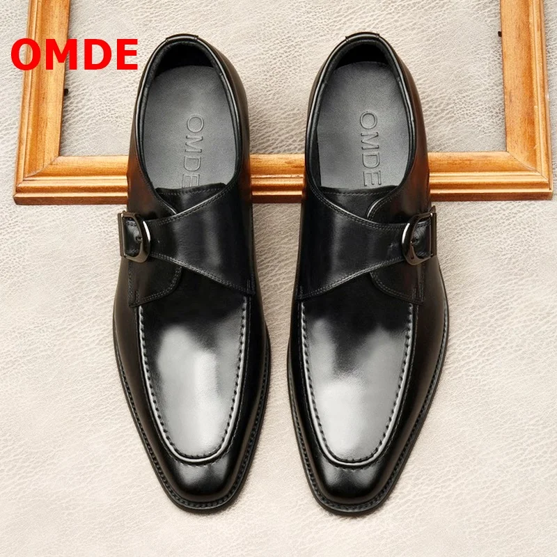 

OMDE Goodyear Fashion Black Genuine Leather Slip On Business Formal Shoes Men Dress Shoes Handmade Square Toe Monk Strap Loafers