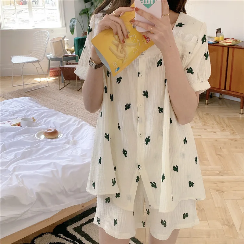 

Пижама женская из хлопка и крепа, с принтом кактуса, короткий рукав