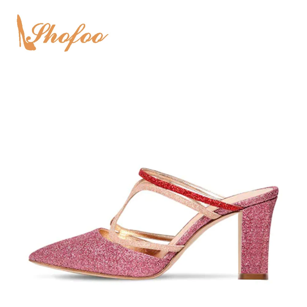 

Pink Sequined Narrow Band Women Mules Sandals High Chunky Heels Summer New Mature Ladies Shoes Slip On Large Size 15 16 Shofoo