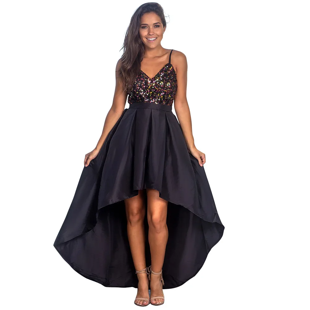 

CAIDA Princess Dress 2020 Summer New Fashion Party Women's Satin Sequin Strap Pure Color High Wrist Dress Western Style