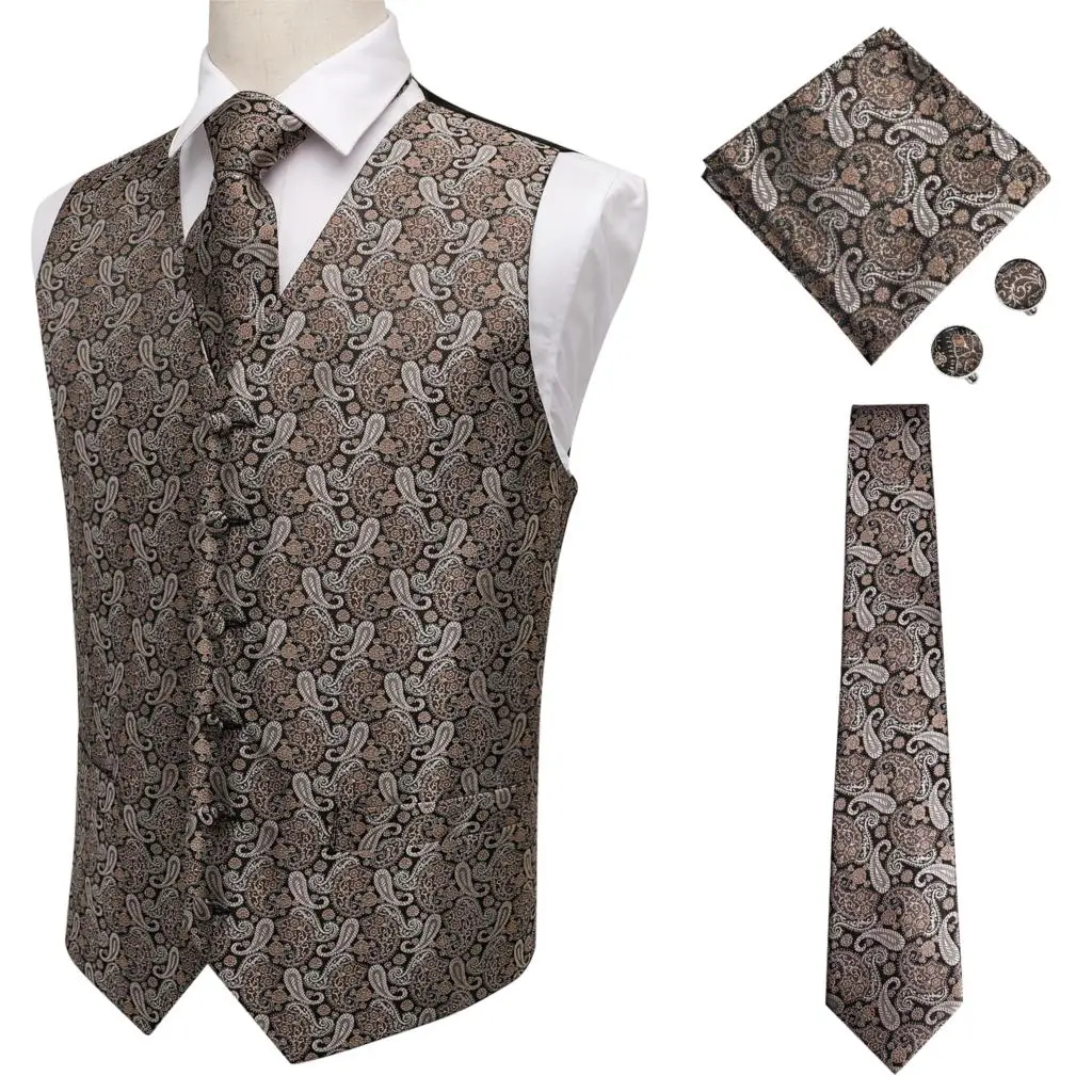 MJ-0001 Hi-Tie мужской жилет Шелковый жилет высокое качественный носовой платок запонки жилеты с завязками набор серебристо-серый сплошной жилет для мужчин s - Цвет: MJ-0007