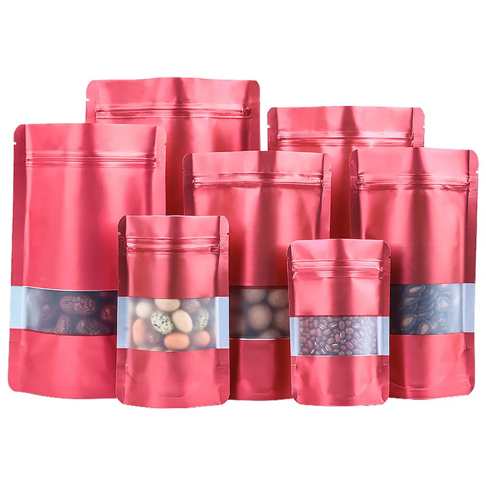 

100Pcs/lot Doypack Matte Red Window Aluminum Foil Zipper Packing Bags Coffee Powder Tea Nuts Mylar Zip Lock Packaging Pouches