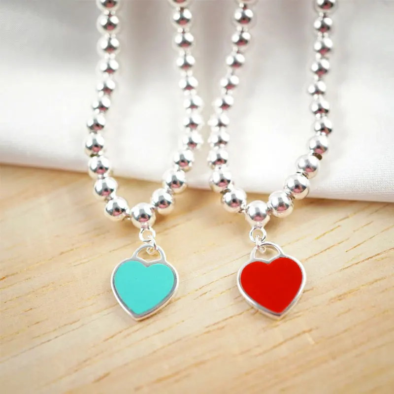 

S925 women's classic silver bracelet, two heart love bracelet, blue, red, 4mm, bride engagement gift, 1:1 jewelry