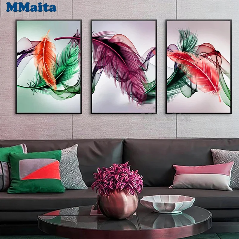 

Алмазная живопись с разноцветными перьями, 3 шт., полная, квадратная, круглая, Алмазная мозаика, инструменты для вышивки крестиком, модель Ис...