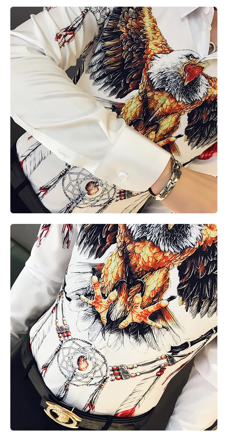 Осенняя мужская Модная приталенная рубашка с коротким рукавом Camisa Masculina, Повседневная Уличная Мужская рубашка с принтом орла