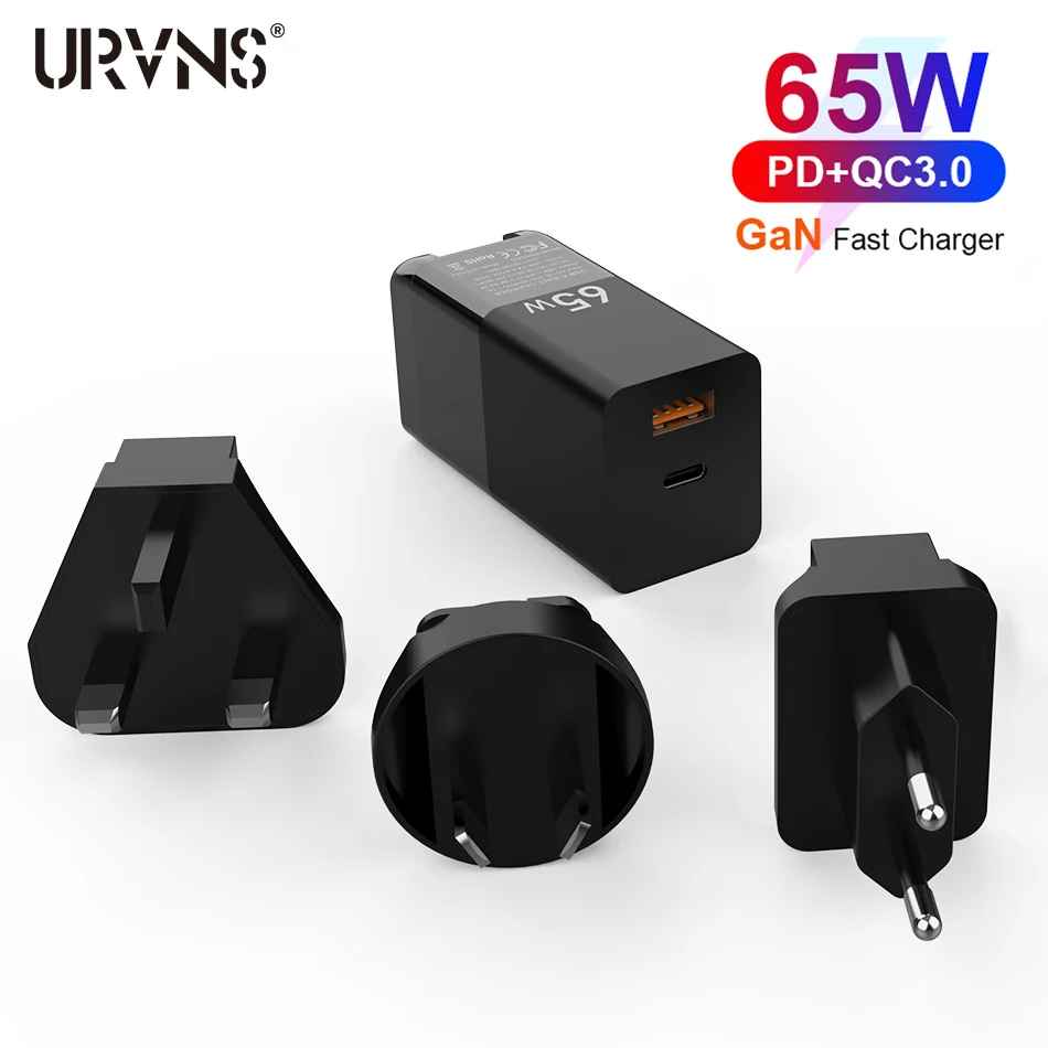 URVNS Ган 65W Быстрый Зарядное устройство USB C Мощность адаптер с 65 Вт PD Порты и