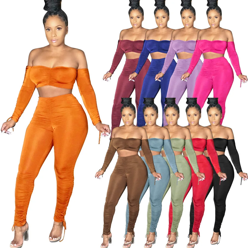 

Casual Women Stacked Pants Joggers Slash Neck Crop Top + Long Pants Pleated Tracksuit Sportsuit Women Winter Clothes Outfit