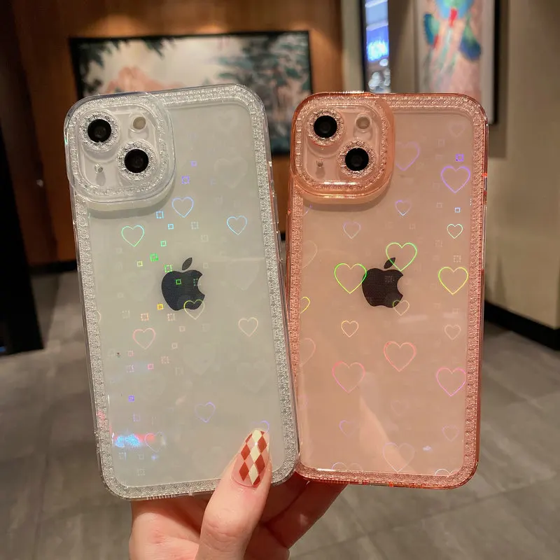 

Glitter Diamond Love Heart Phone Case For iPhone 13 12 11Pro Max Mini XS MAX X XR 7 8 Plus Camera Lens Protection Back Cover