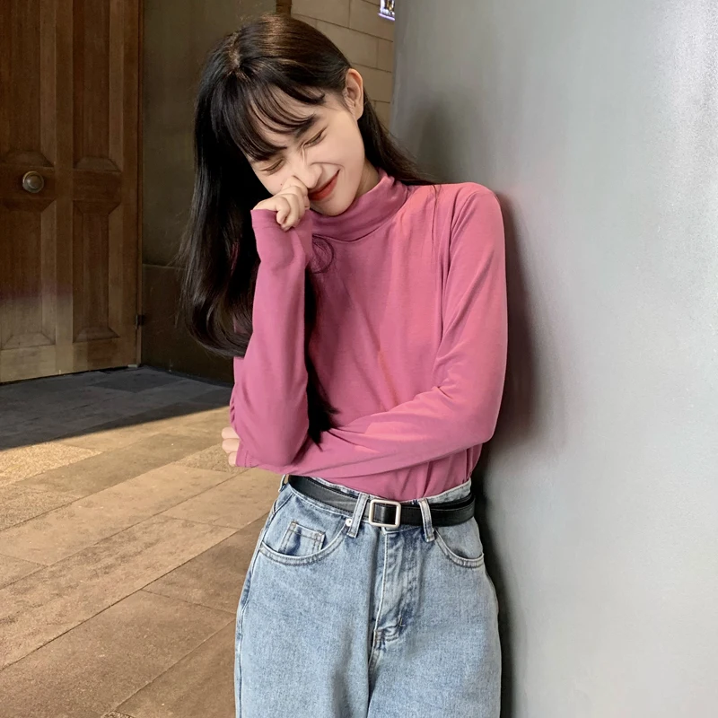 9 цветов 2021 осенняя однотонная Базовая водолазка в стиле преппи с длинным рукавом