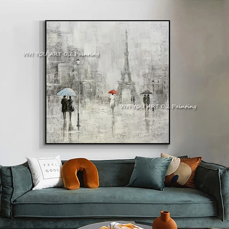 

The Special Offer Handmade Tower View People Rainy Canvas Painting Modern Artwork Pictures Thick Oil Wall Art Home Decoration