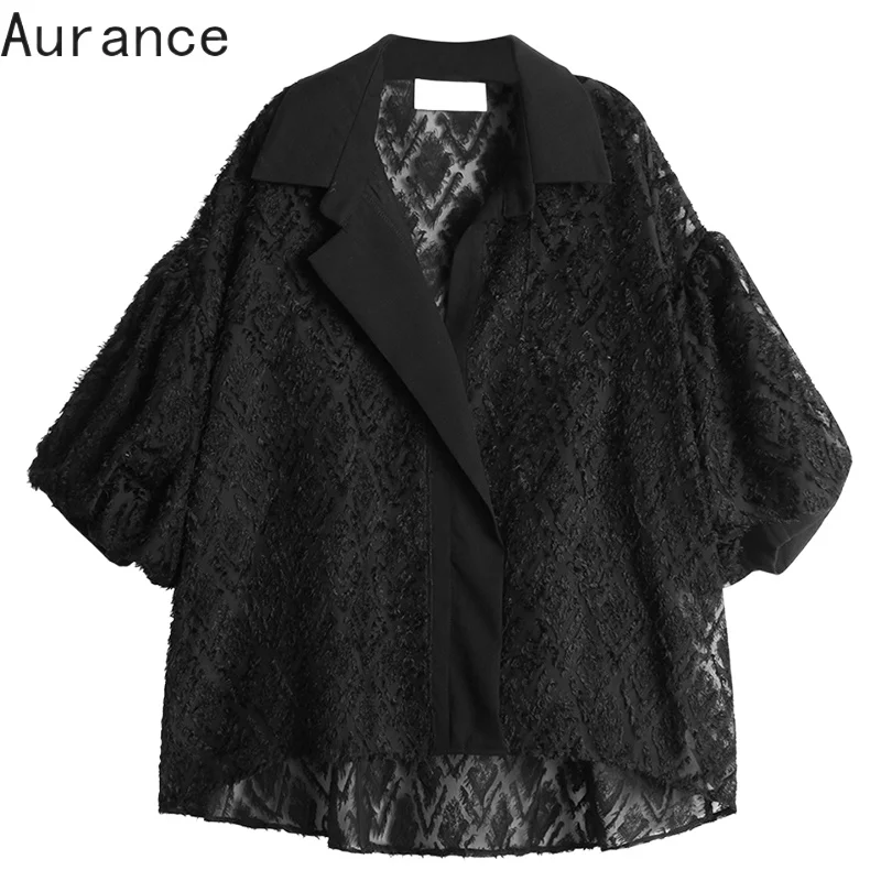 

[Aurance] Women Fashion Black Flocking Blouse New Notched Three Quarter Sleeve Loose Big Size Shirt Tide Spring Autumn Tops 2021