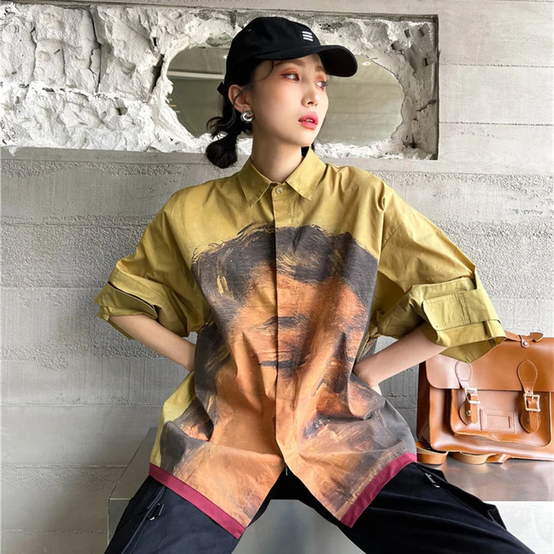 

Korejepo Women Blouse 2021 Summer New Retro Casual Printed Turn-down Collar Middle-sleeved Single Breasted Tops Loose Female
