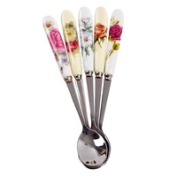 5pcsset stainless steel ceramic handle tea spoon creative coffee spoon honey dessert ice cream spoon small teaspoon 152 6cm