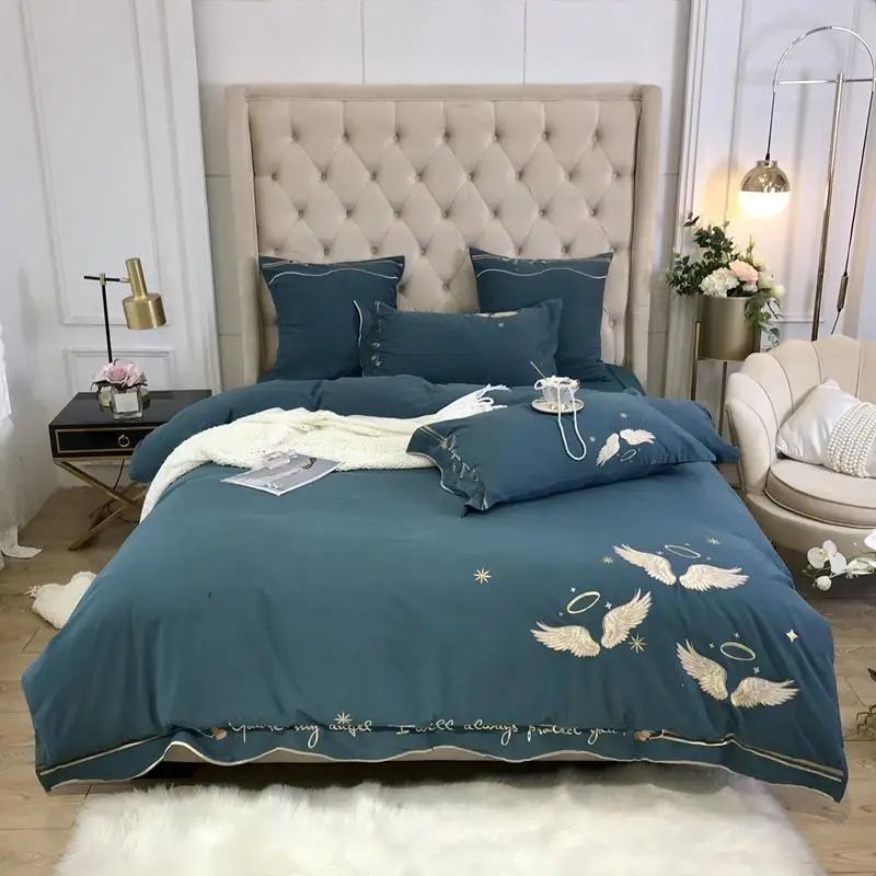 

20European Style Blue Cotton Embroidery Luxury wedding Bedding set King Queen size Duvet Cover Pillowcase Bedsheet 4pcs #a