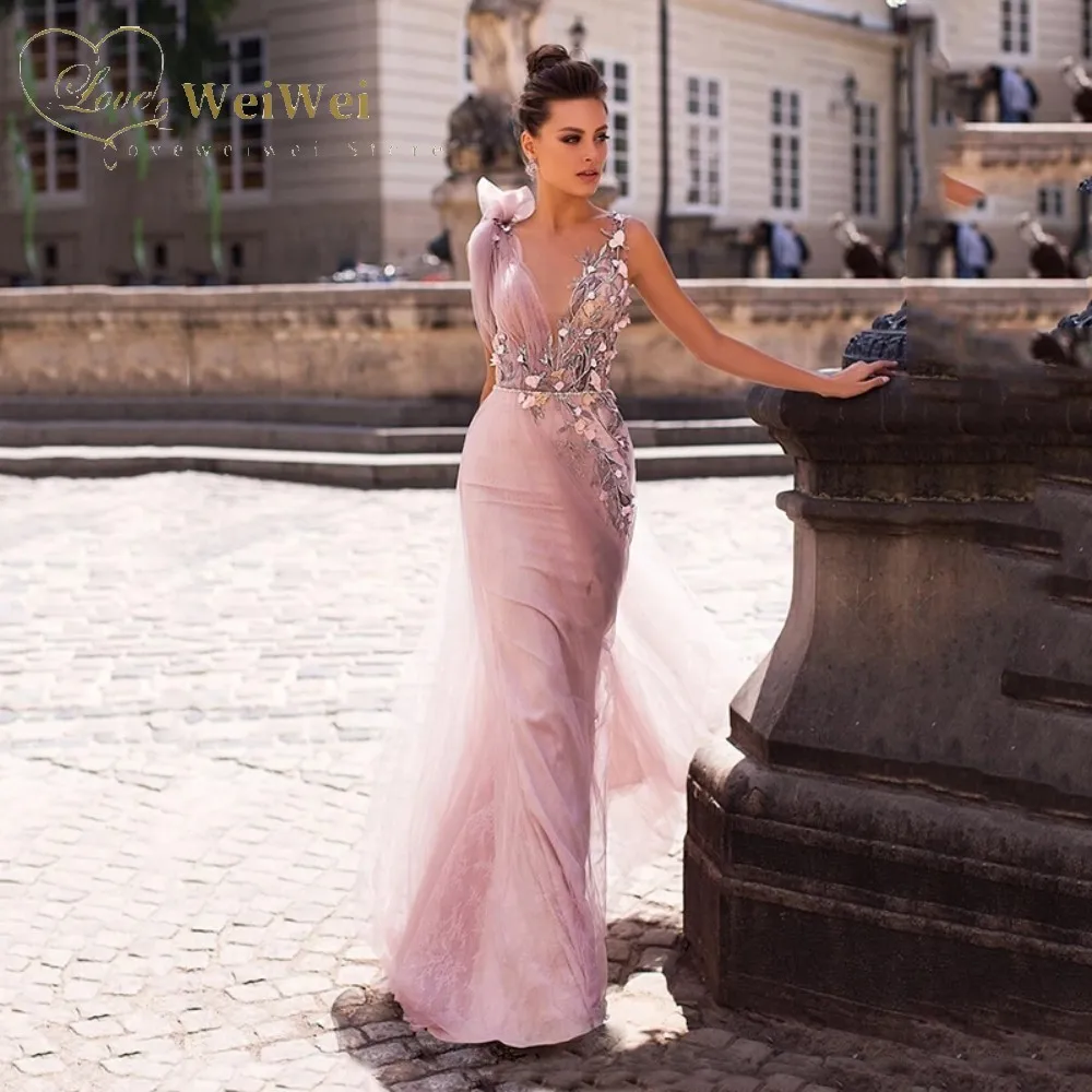 

Sexy Pink Prom Dresses Slim-Line V-Neck Sleeveless Floor Length Bow Flower Sash Applique Evening Gowns Robes De Soirée