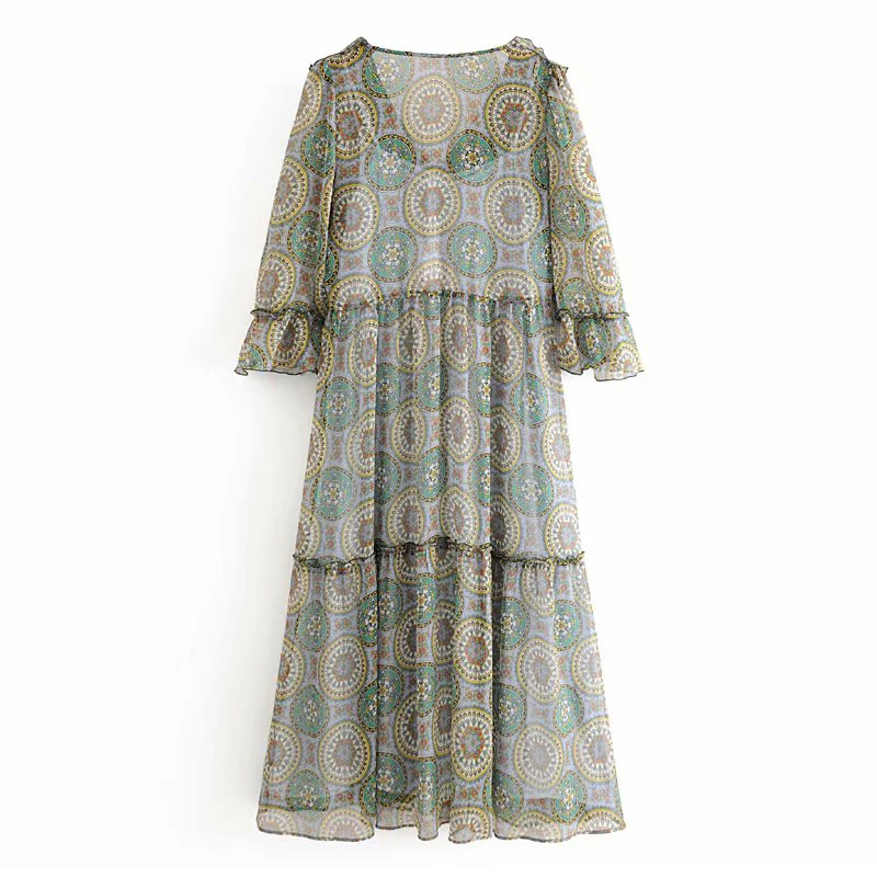 

Vintage Floral Print Chiffon Long Dress Women V Neck Elegant Ruffle Party Dress Three Quarter Sleeve Ladies Casual Midi Dresses