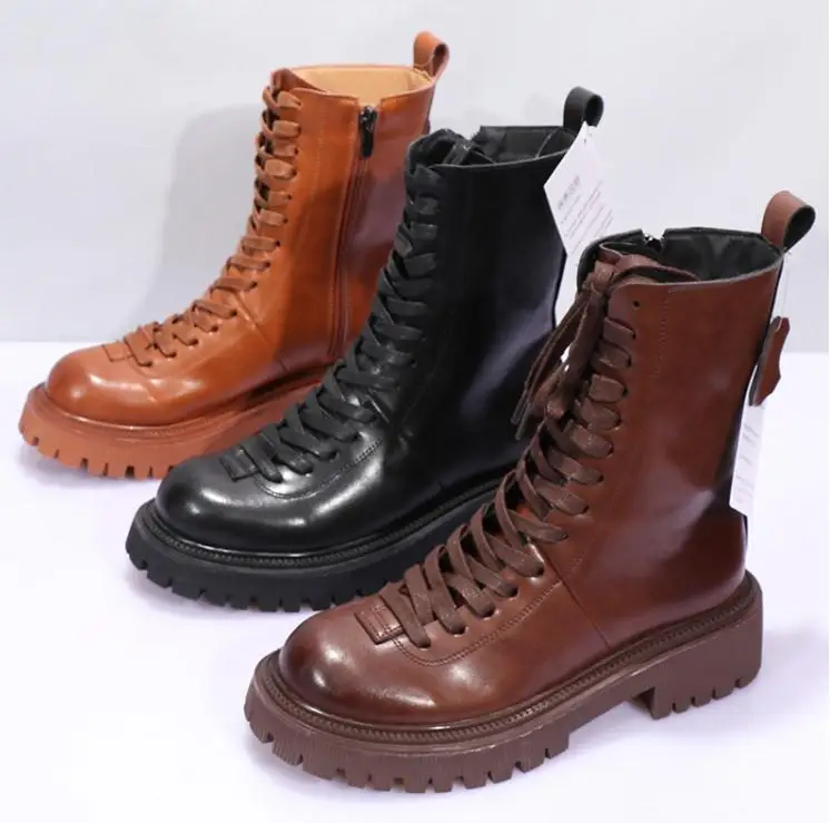 

Fashion Vintage Brown Short Boots Women Combat Boots Autumn Platform Gothic Shoes Top layer cowhide motorcycle boots