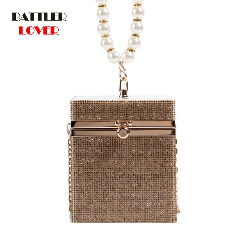 

Diamond Evening Bags For Women 2021 New Box Shapes Handbags Female Pearls Design Shoulder Purses Ladies Luxury Brand Party Flaps