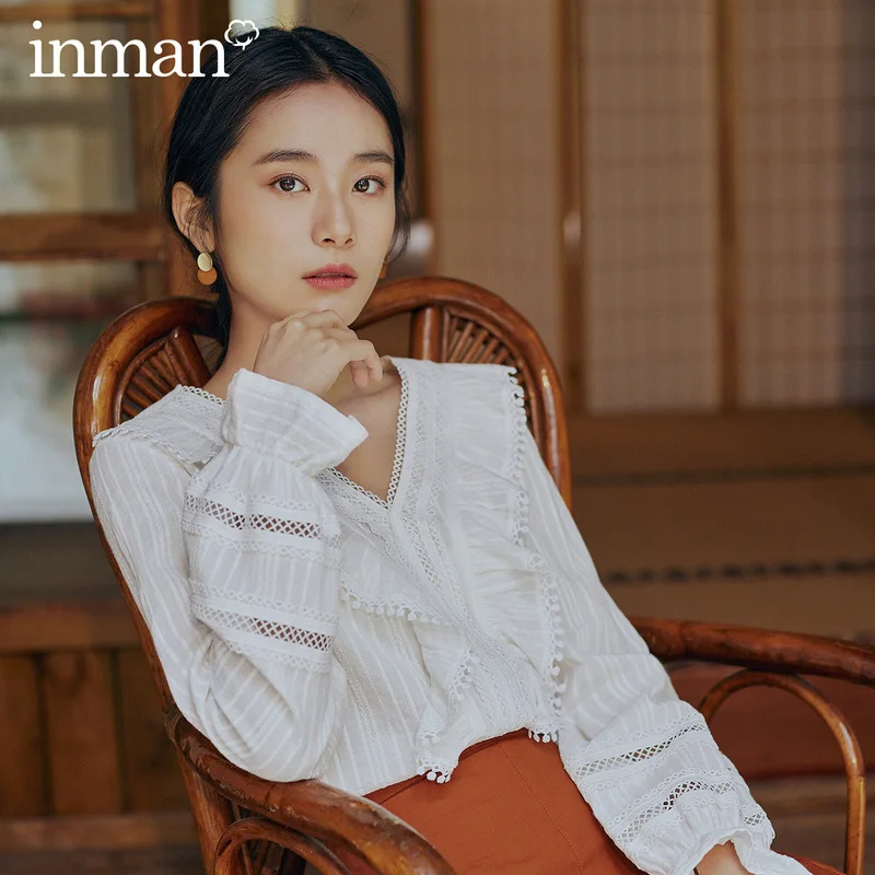 Блузка с длинным рукавом треугольным вырезом в стиле ретро inman весна 2020|Блузки| |