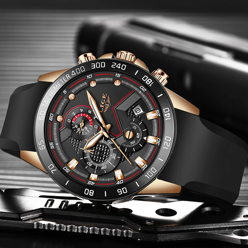 Часы наручные LIGE мужские с кожаным ремешком модные брендовые Роскошные