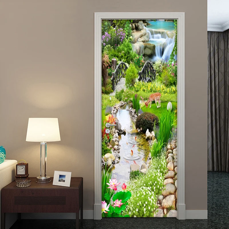 Самоклеящиеся обои с изображением водопада на двери декоративные для