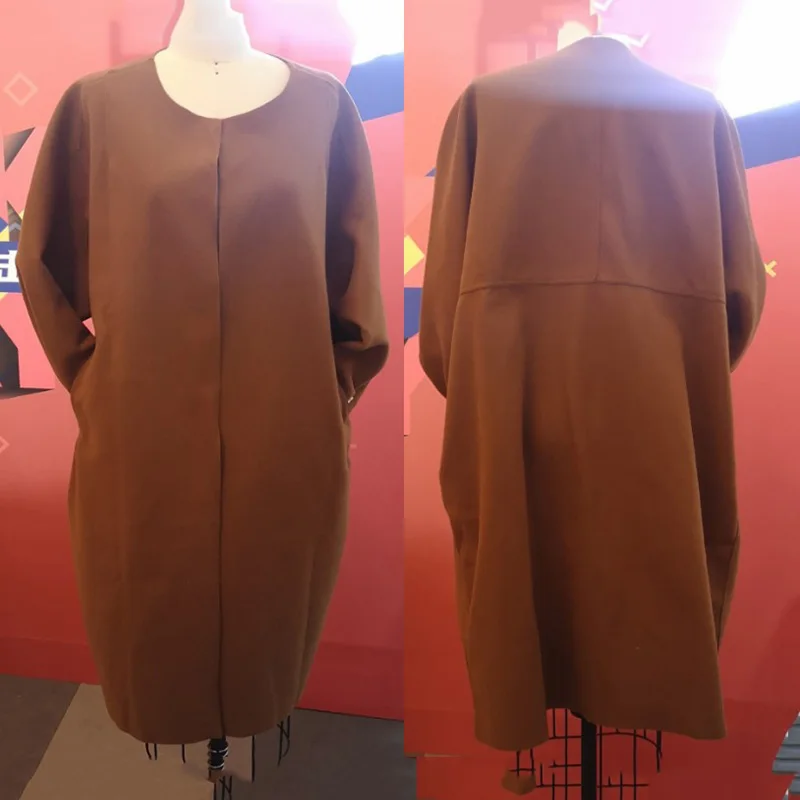 

Women New Woolen Long Coat Autumn Spring Solid Color Loose Thin Collarless Fashion Casual Female Outwear Jackets Long Sleeve