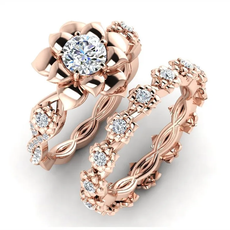 FDLK 2020 Newest Design Rose Gold Inlaid AAA White Zirconium Flower Vine Princess Ring Set Bridal Engagement Wedding Jewelry | Украшения и